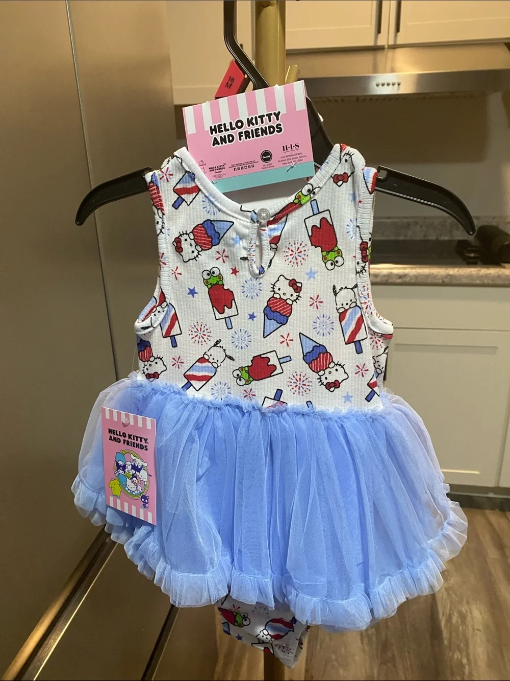 Hello Kitty Light Blue Tulle Bib Dress with Printed Bodice and Bow 18 months NWT